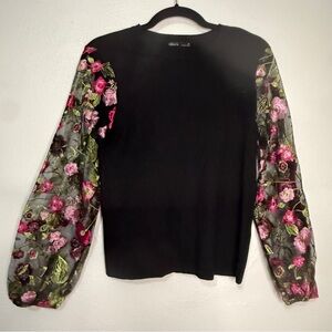 Nikka K Black Top with sheer embroidered floral sleeves. Sz M.